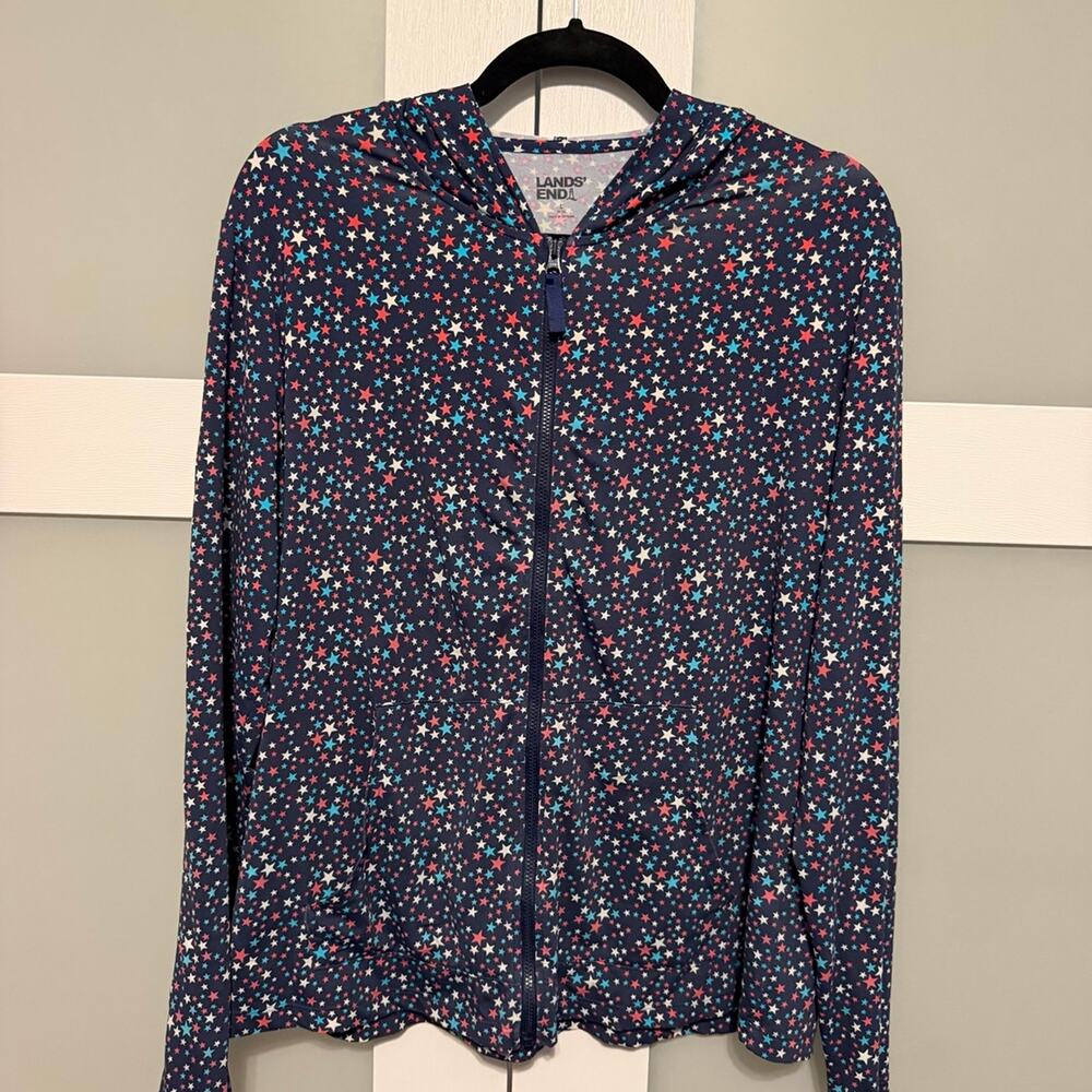 Lands’ End Women’s Large Hooded Zip Sun Jacket Rash Guard Navy Red White Stars